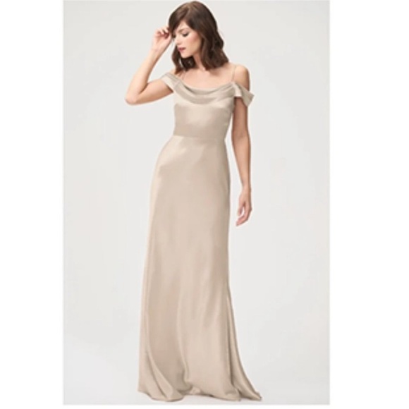 Jenny Yoo Serena Gold Satin Off Shoulder Gown Maxi Dress Bridesmaid Cowl Neck 8 - Picture 7 of 16